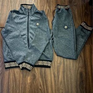Gray Two-Piece Track Jacket & Joggers with Greek Key Trim